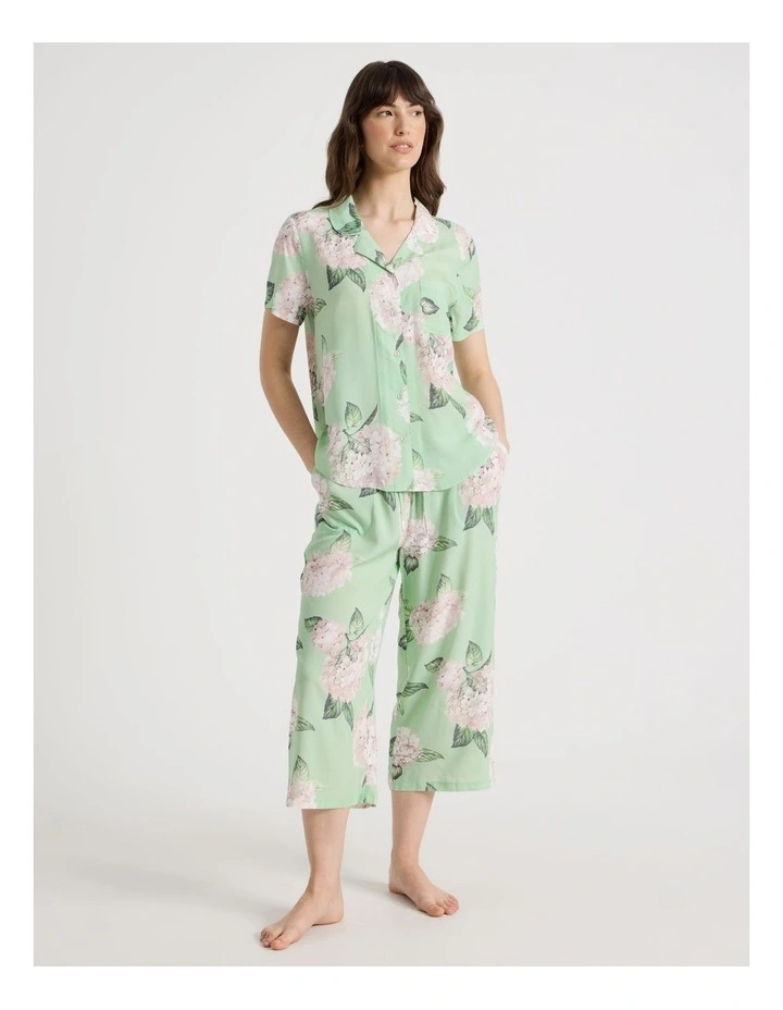 Woven Viscose Short Sleeve 3/4 Pant Pyjama Set in Mint Hydrangea image 5