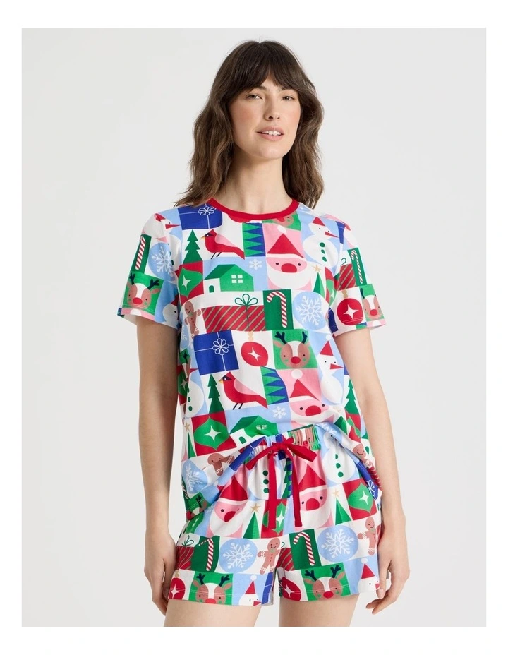 Christmas Short Sleeve Jersey Pyjama Set in Wrapping Paper Print image 1