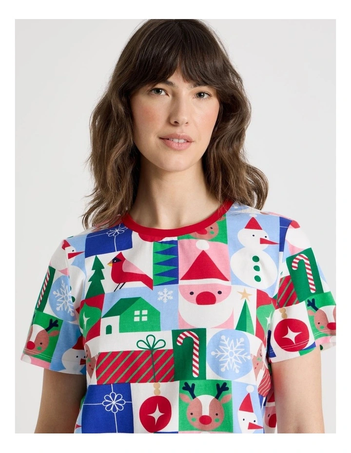 Christmas Short Sleeve Jersey Pyjama Set in Wrapping Paper Print image 3
