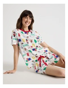 Christmas Short Sleeve Jersey Pyjama Set in Christmas Stickers Print