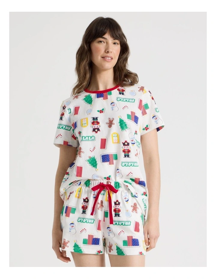 Christmas Short Sleeve Jersey Pyjama Set in Christmas Stickers Print image 2