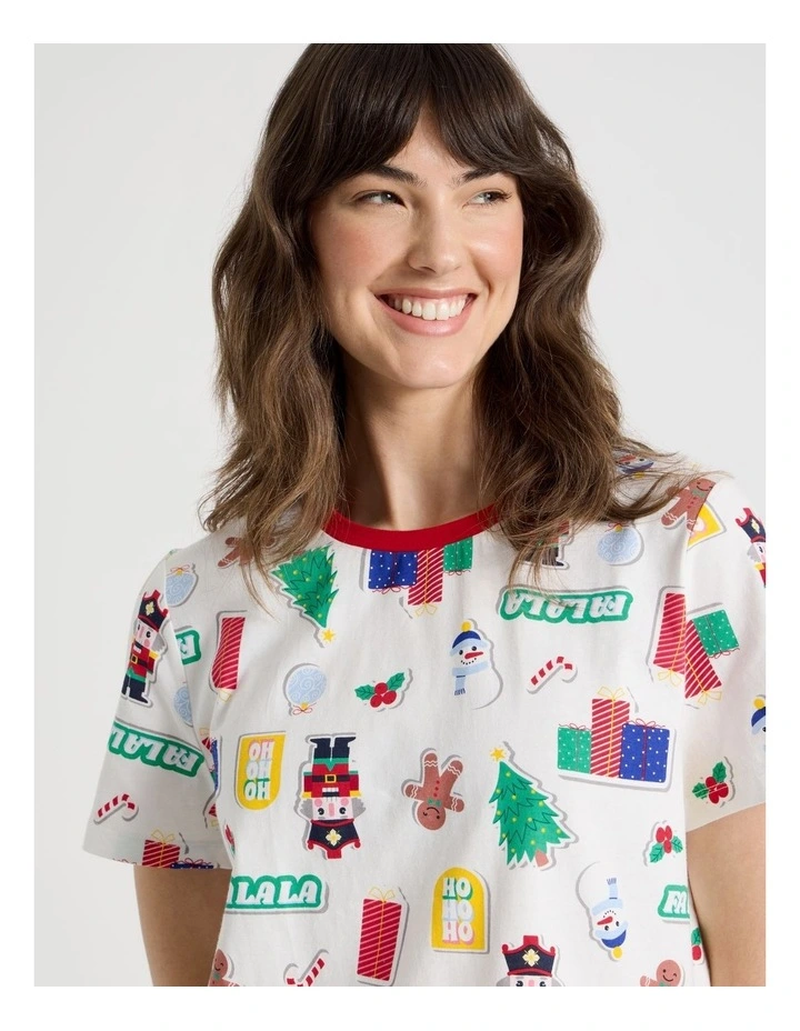 Christmas Short Sleeve Jersey Pyjama Set in Christmas Stickers Print image 3