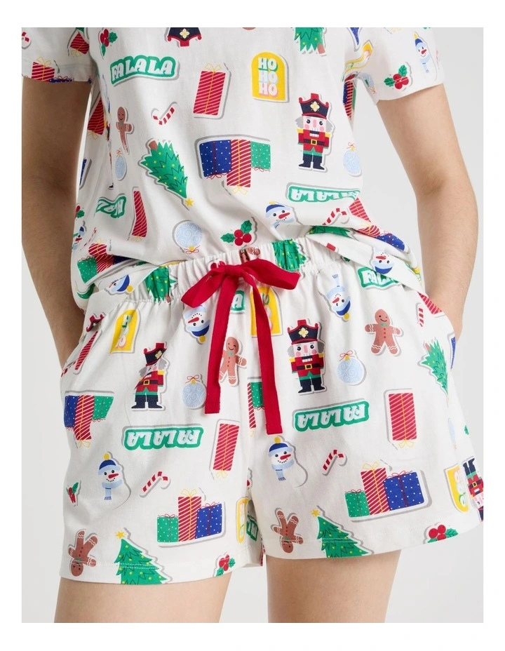 Christmas Short Sleeve Jersey Pyjama Set in Christmas Stickers Print image 4