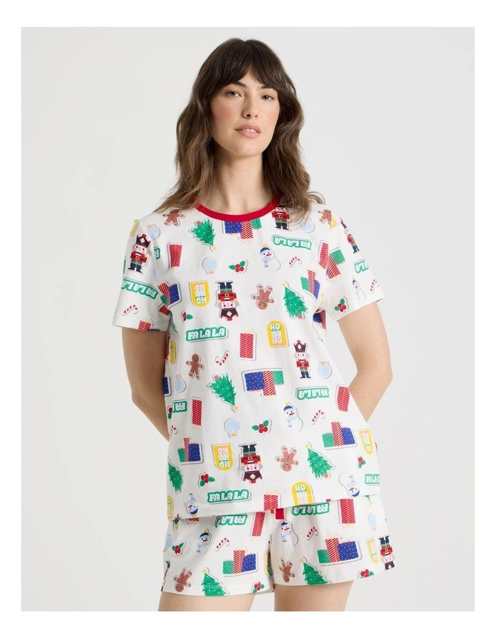 Christmas Short Sleeve Jersey Pyjama Set in Christmas Stickers Print image 5
