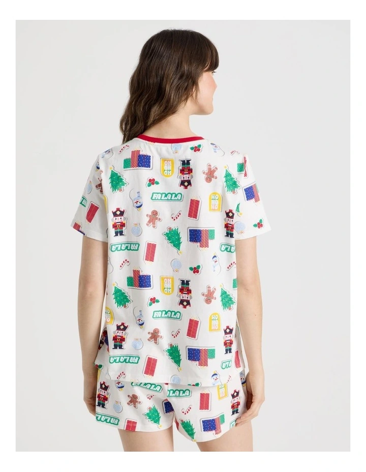 Christmas Short Sleeve Jersey Pyjama Set in Christmas Stickers Print image 6