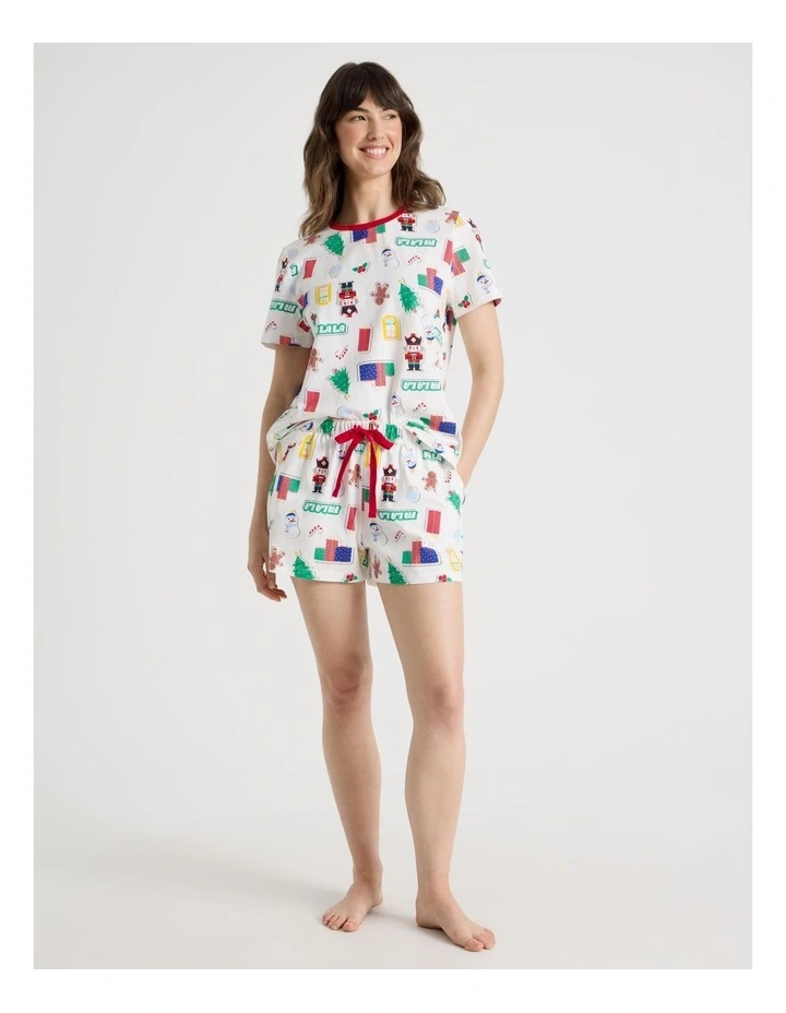 Christmas Short Sleeve Jersey Pyjama Set in Christmas Stickers Print image 7