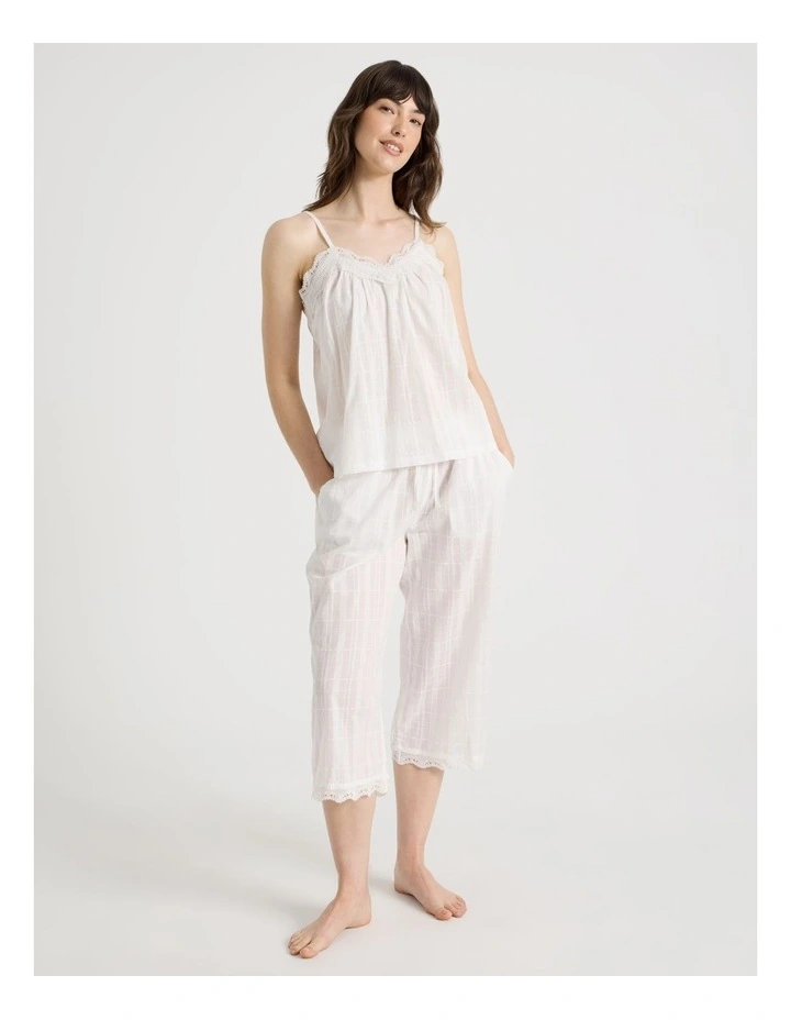 Seersucker Cami 3/4 Pant Pyjama Set in White image 1
