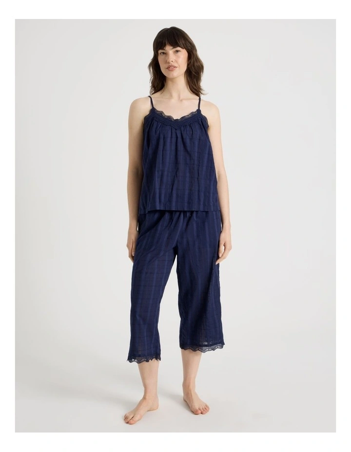 Seersucker Cami 3/4 Pant Pyjama Set in Navy image 3
