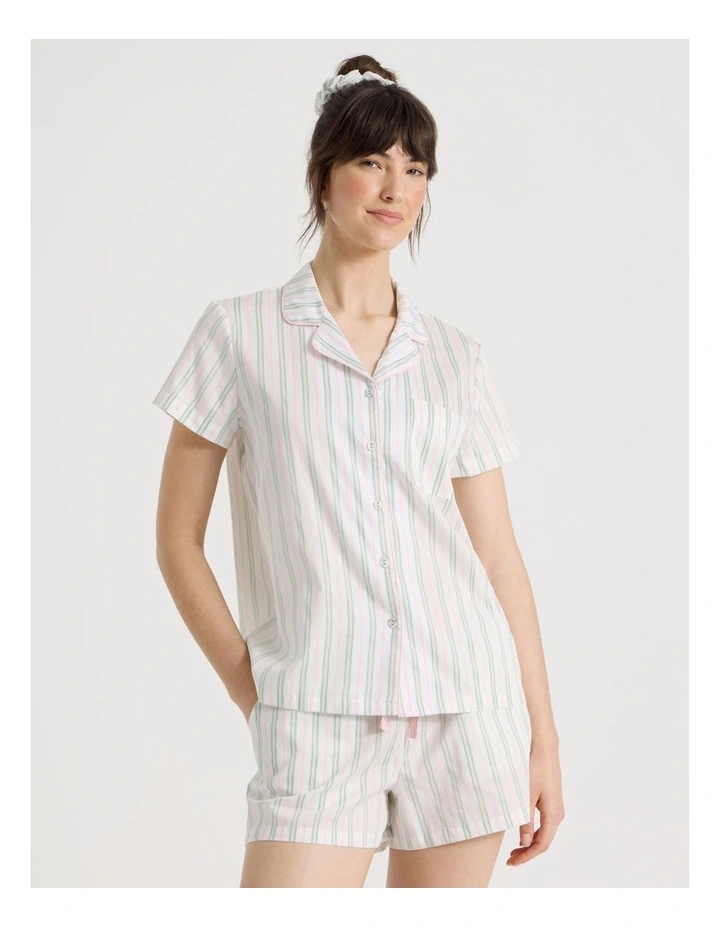 Cotton Sateen Short Sleeve Short Pant Gifting Pyjama Set in Pink and Green Stripe image 1