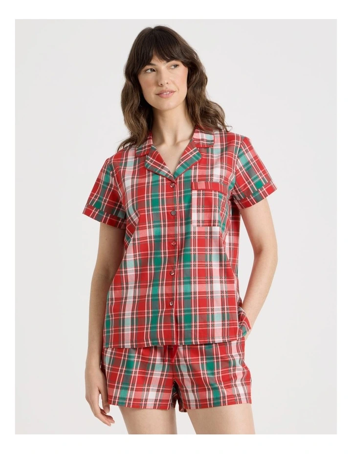 Cotton Sateen Short Sleeve Pyjama Set with Gift Bag in Red Tartan image 1