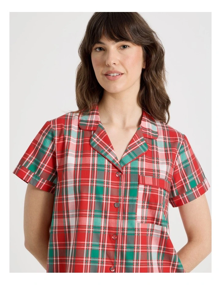 Cotton Sateen Short Sleeve Pyjama Set with Gift Bag in Red Tartan image 2