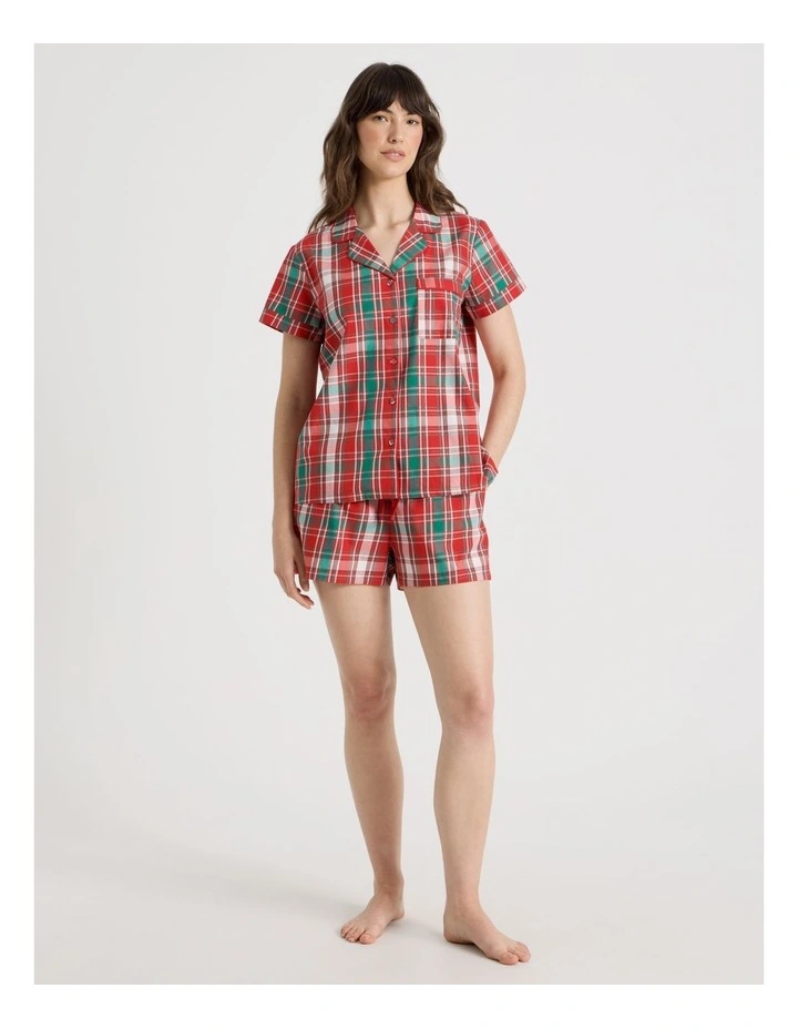 Cotton Sateen Short Sleeve Pyjama Set with Gift Bag in Red Tartan image 3