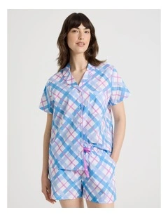 Cotton Woven Short Sleeve Short Pant Pyjama Set in Blue Diamond Check