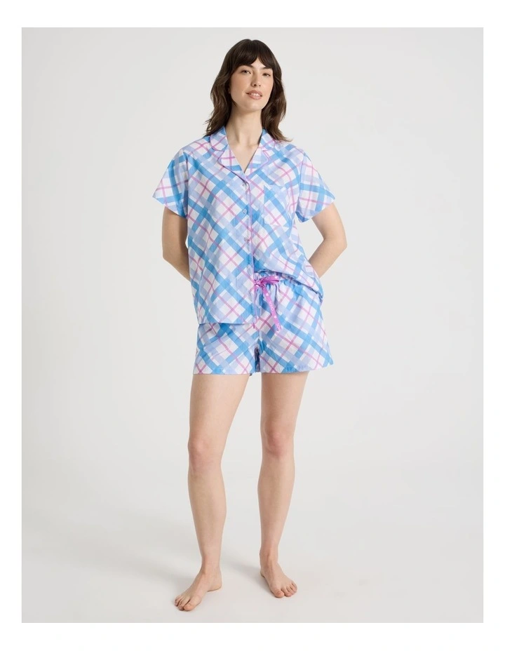 Cotton Woven Short Sleeve Short Pant Pyjama Set in Blue Diamond Check image 2
