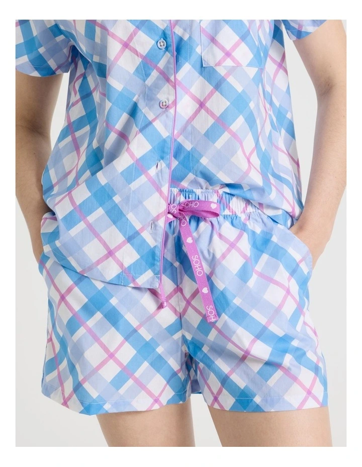 Cotton Woven Short Sleeve Short Pant Pyjama Set in Blue Diamond Check image 3