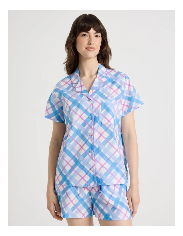 Cotton Woven Short Sleeve Short Pant Pyjama Set in Blue Diamond Check image 4