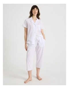 Cotton Clipdot Short Sleeve Long Pant Pyjamas with Lace in White