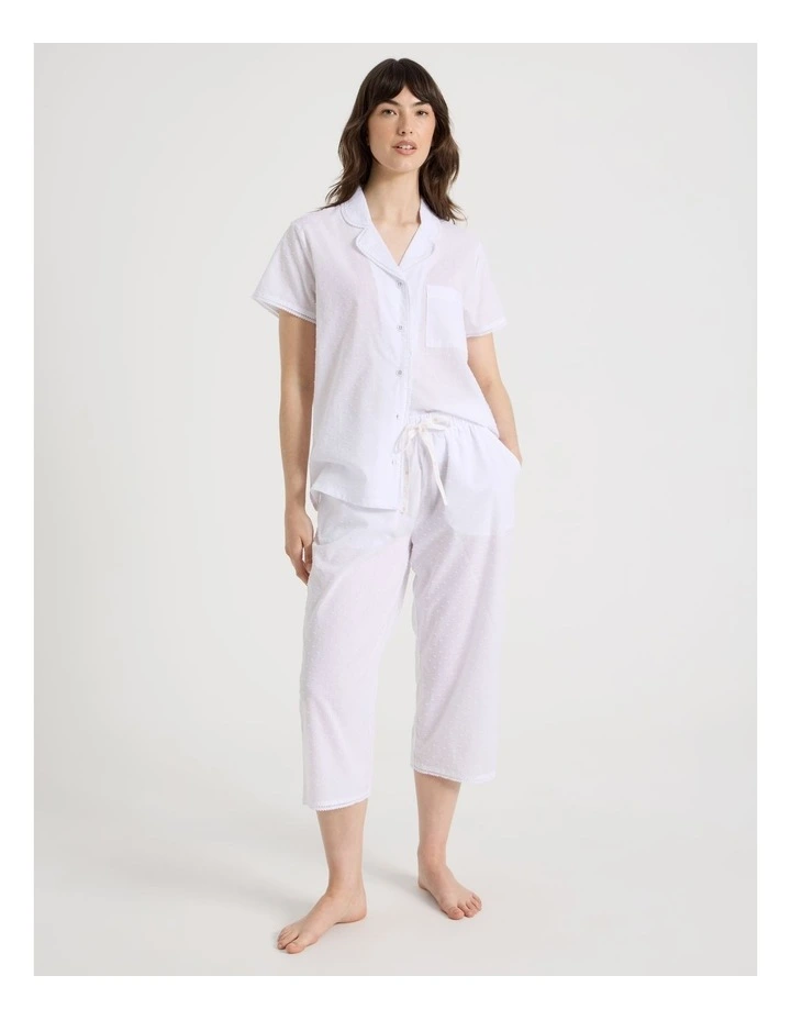 Cotton Clipdot Short Sleeve Long Pant Pyjamas with Lace in White image 1