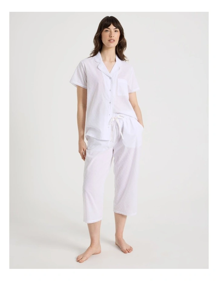 Cotton Clipdot Short Sleeve Long Pant Pyjamas with Lace in White image 1