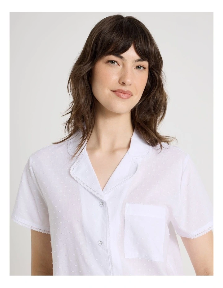 Cotton Clipdot Short Sleeve Long Pant Pyjamas with Lace in White image 2
