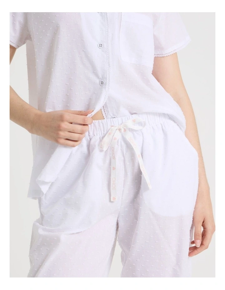 Cotton Clipdot Short Sleeve Long Pant Pyjamas with Lace in White image 3