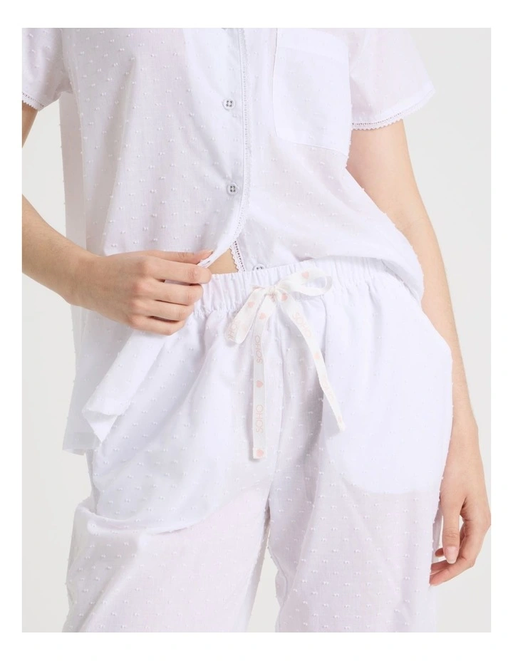 Cotton Clipdot Short Sleeve Long Pant Pyjamas with Lace in White image 3