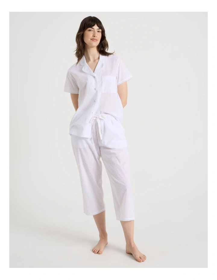Cotton Clipdot Short Sleeve Long Pant Pyjamas with Lace in White image 5
