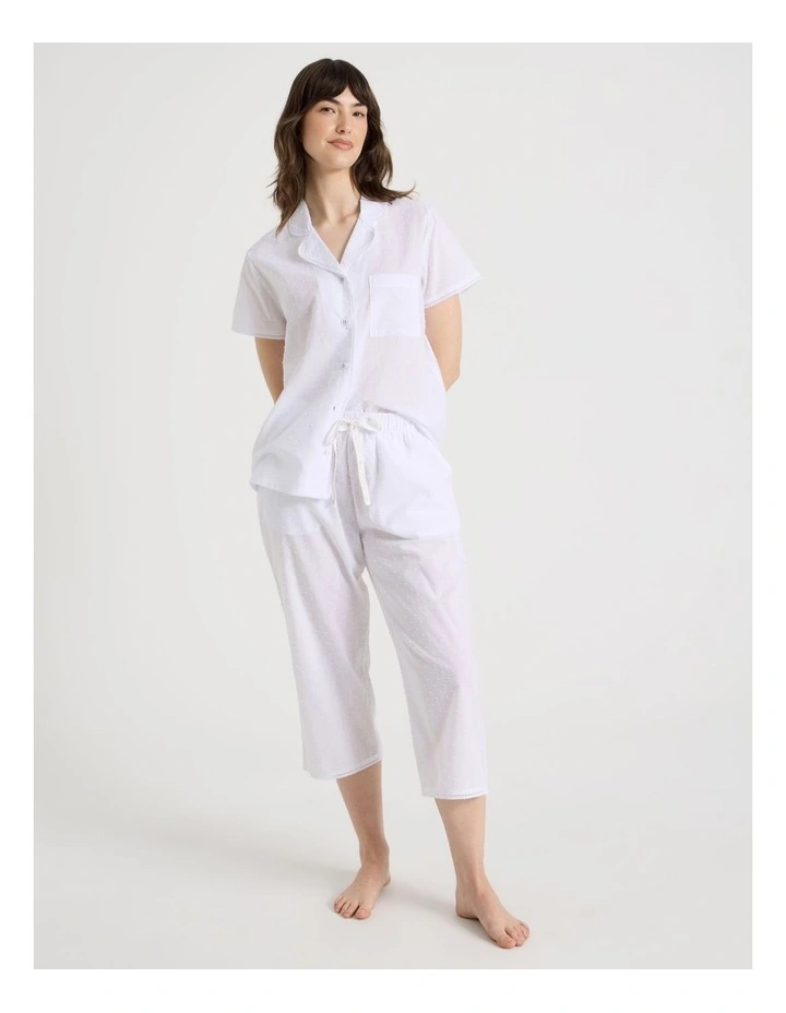 Cotton Clipdot Short Sleeve Long Pant Pyjamas with Lace in White image 5