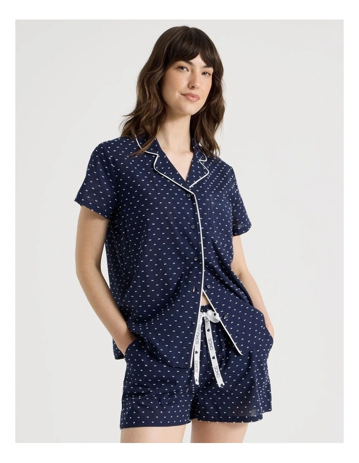 Cotton Woven Clipdot Short Sleeve Pyjama Set in Navy image 1