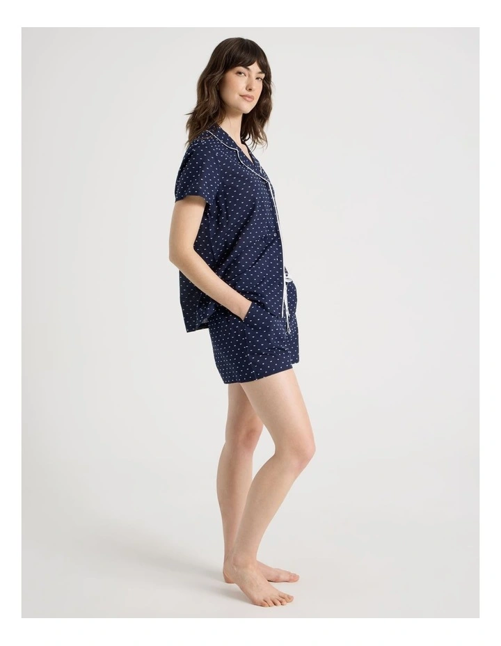 Cotton Woven Clipdot Short Sleeve Pyjama Set in Navy image 2