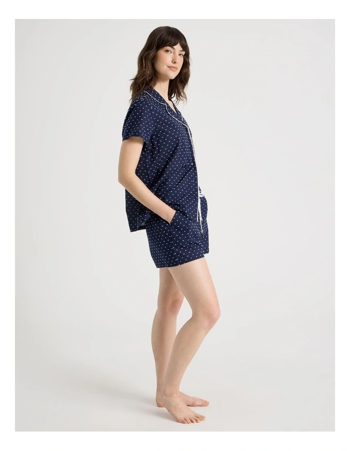 Cotton Woven Clipdot Short Sleeve Pyjama Set in Navy image 2