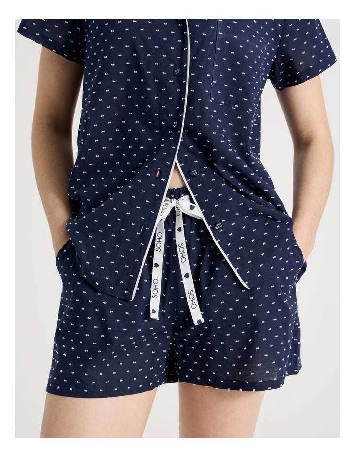 Cotton Woven Clipdot Short Sleeve Pyjama Set in Navy image 3