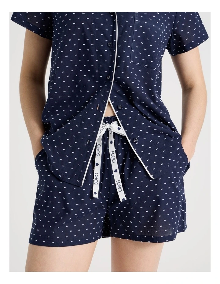 Cotton Woven Clipdot Short Sleeve Pyjama Set in Navy image 3