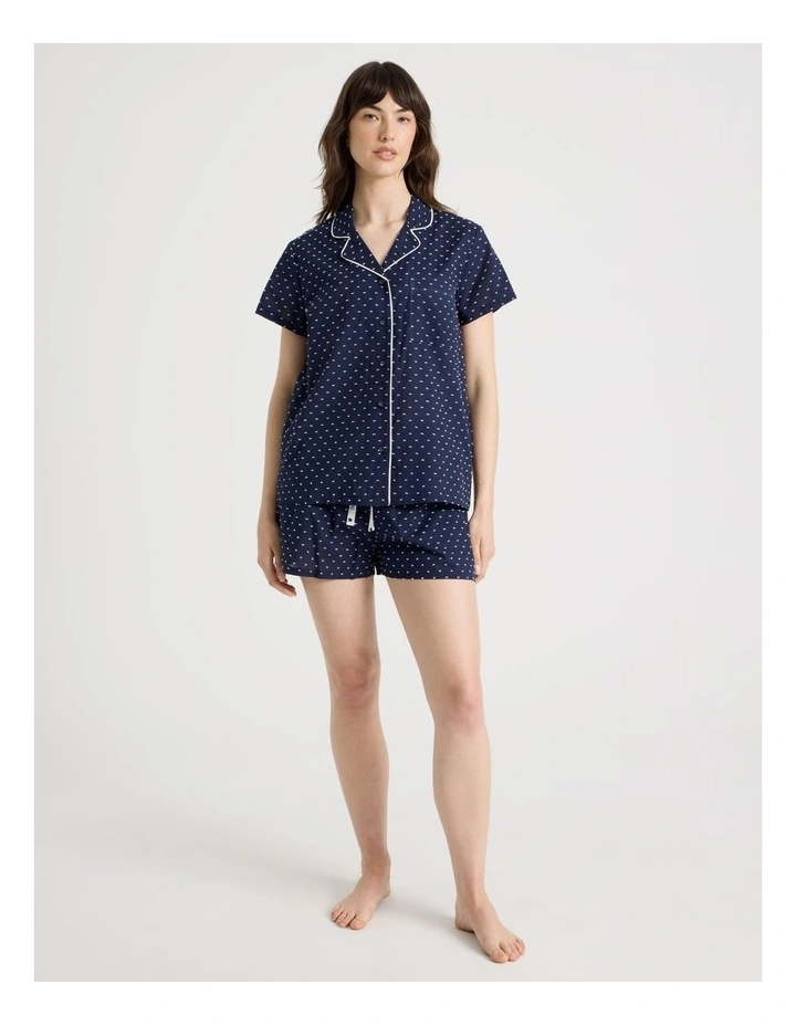Cotton Woven Clipdot Short Sleeve Pyjama Set in Navy image 4