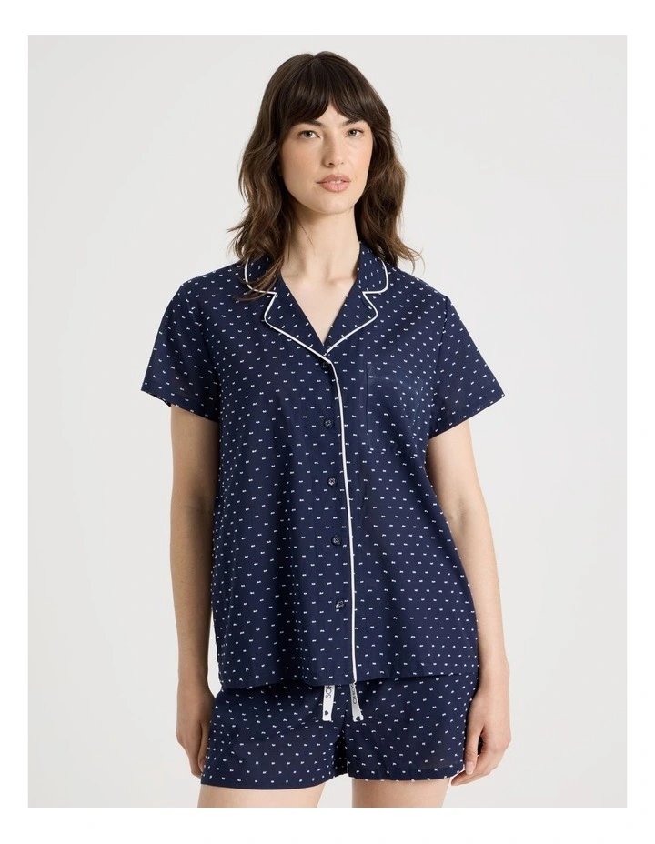 Cotton Woven Clipdot Short Sleeve Pyjama Set in Navy image 5