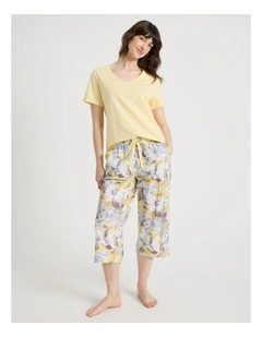 Cotton Knit V-Neck 3/4 Pyjama Set in Lemon Floral
