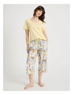 Cotton Knit V-Neck 3/4 Pyjama Set in Lemon Floral