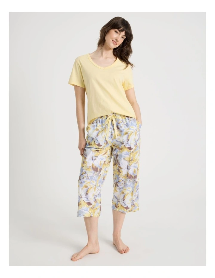 Cotton Knit V-Neck 3/4 Pyjama Set in Lemon Floral image 1