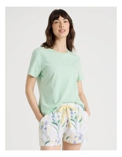Cotton Knit Short Sleeve Pyjama Set in Green Bellflower