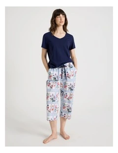 Cotton Knit V-Neck 3/4 Pyjama Set in Navy Border Floral