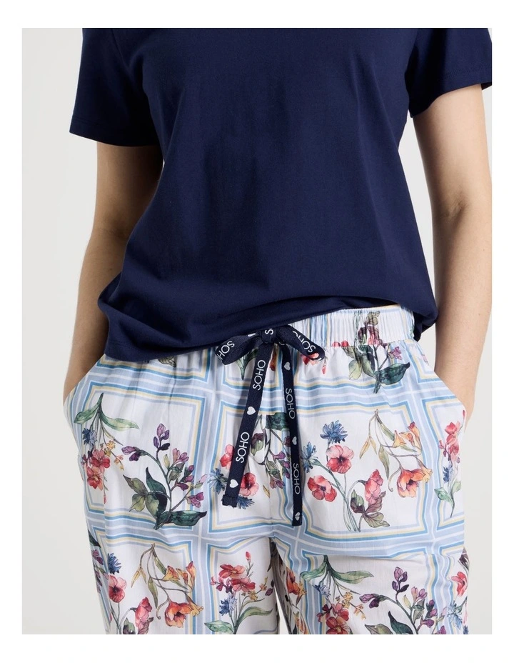 Cotton Knit V-Neck 3/4 Pyjama Set in Navy Border Floral image 3