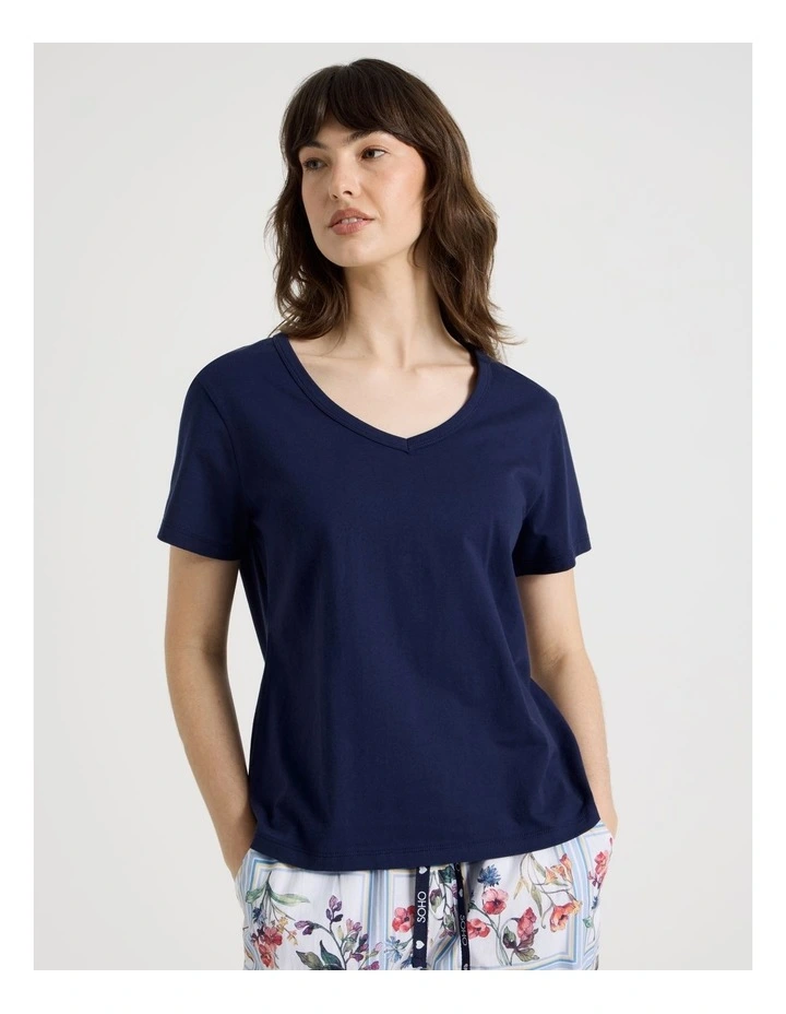 Cotton Knit V-Neck 3/4 Pyjama Set in Navy Border Floral image 4
