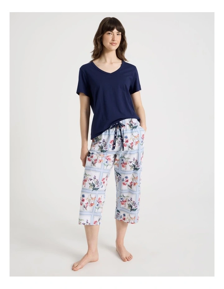 Cotton Knit V-Neck 3/4 Pyjama Set in Navy Border Floral image 5
