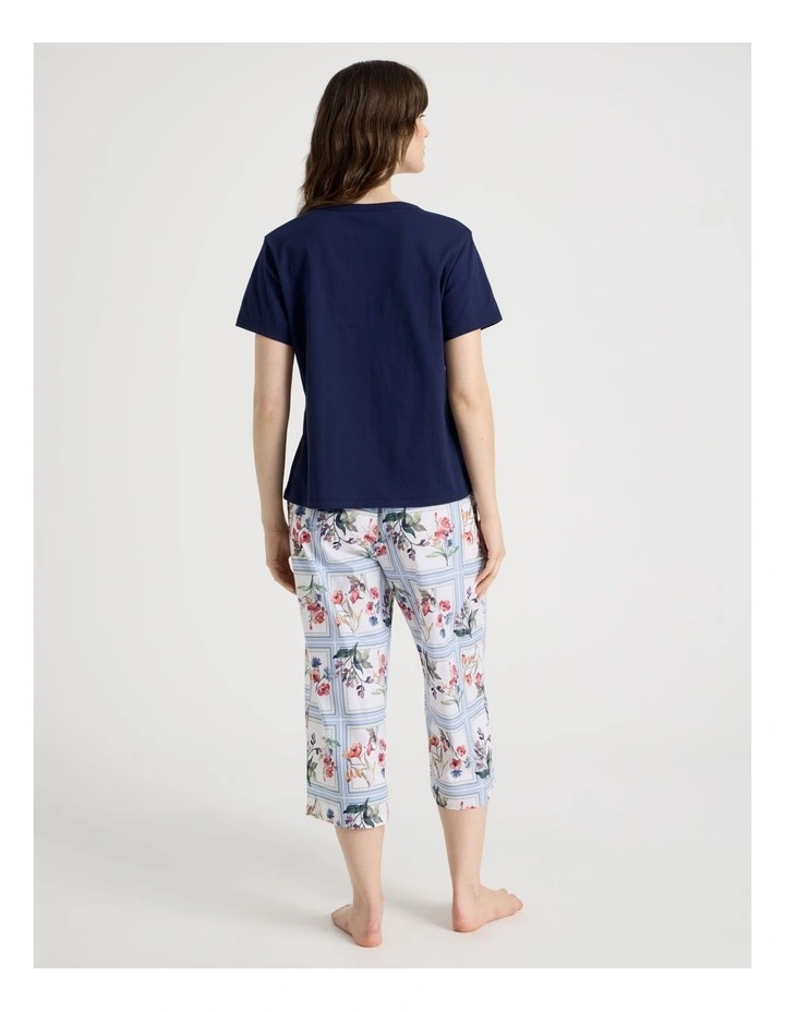 Cotton Knit V-Neck 3/4 Pyjama Set in Navy Border Floral image 6