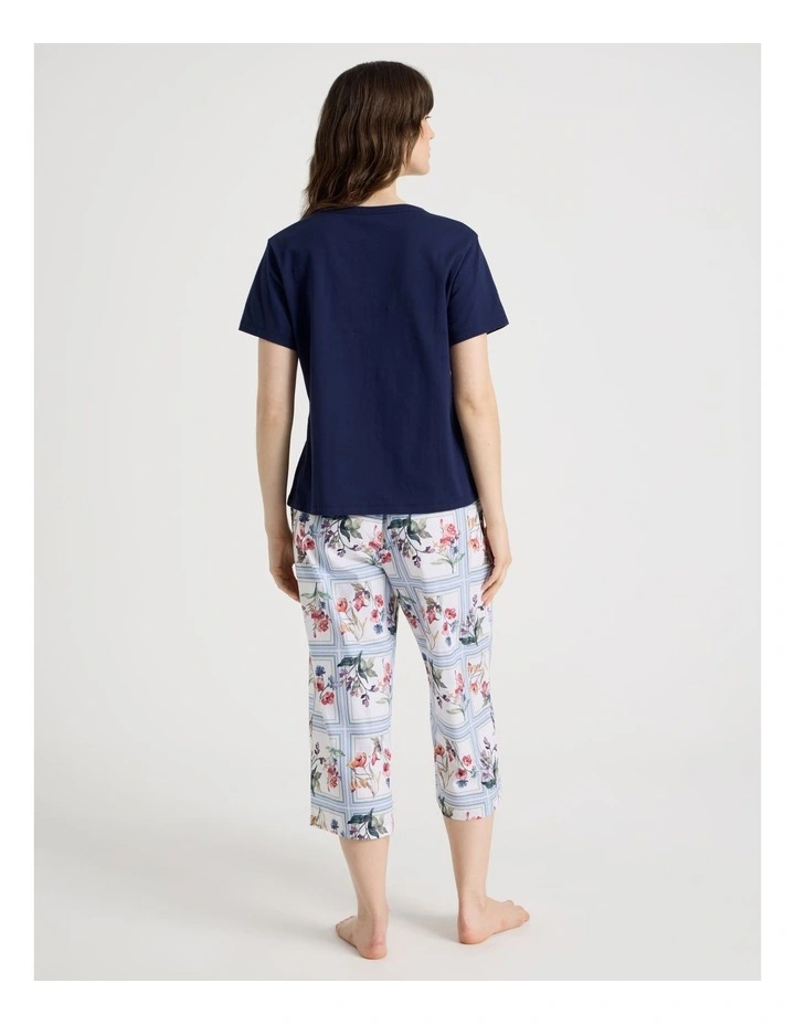 Cotton Knit V-Neck 3/4 Pyjama Set in Navy Border Floral image 6