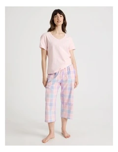 Cotton Knit V-Neck 3/4 Pyjama Set in Pink Pastel Check