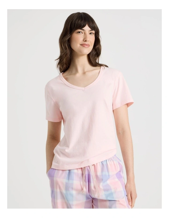Cotton Knit V-Neck 3/4 Pyjama Set in Pink Pastel Check image 2