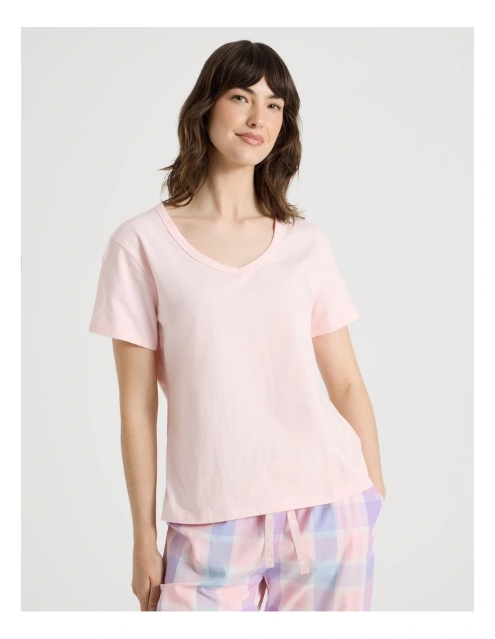 Cotton Knit V-Neck 3/4 Pyjama Set in Pink Pastel Check image 4