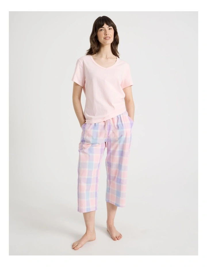 Cotton Knit V-Neck 3/4 Pyjama Set in Pink Pastel Check image 5