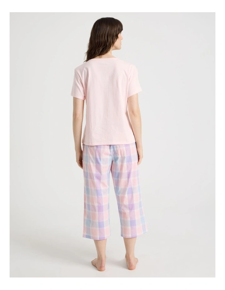Cotton Knit V-Neck 3/4 Pyjama Set in Pink Pastel Check image 6